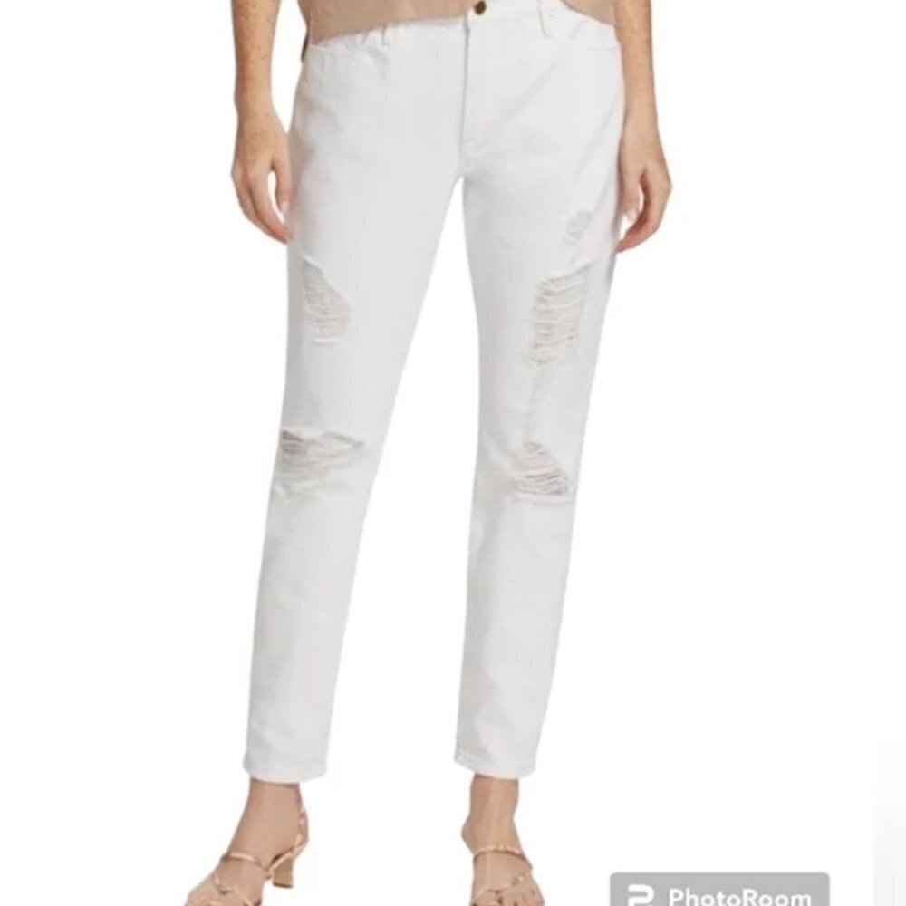 Nwt Frame Le Garon Distressed Ankle Mid Rise Straight Fit Jeans White Size 30